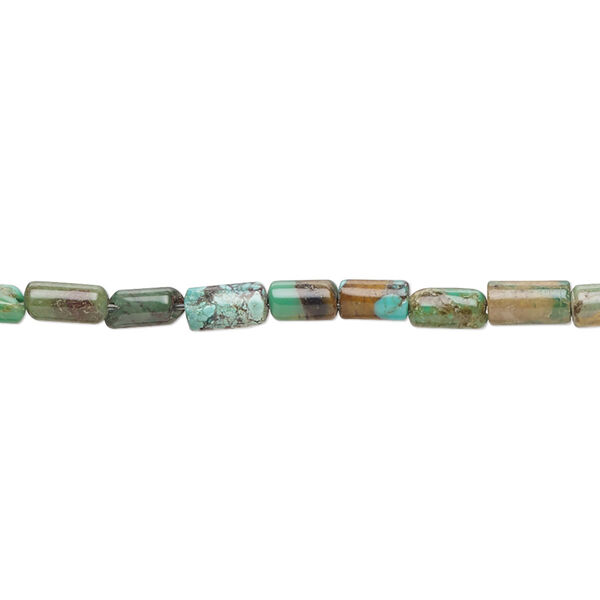 Bead, turquoise (dyed / stabilized), green-brown, 4x3mm-7x4mm round tube with 1.8-1.1mm hole, C- grade, Mohs hardness 5 to 6. Sold per 15-1/2" to 16" strand. image number 0