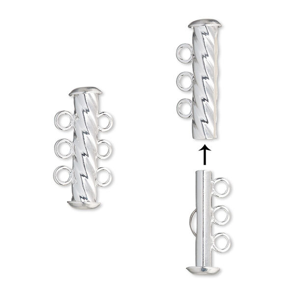 Clasp, 3-strand slide lock, silver-plated brass, 21x6mm corrugated round tube. Sold per pkg of 4. image number 0