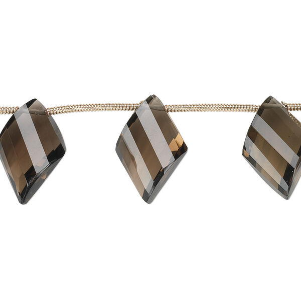 Smoky quartz 1pkg5, hand-cut top-drilled faceted twisted diamond bead graduated 15x10mm-18x12mm image number 0