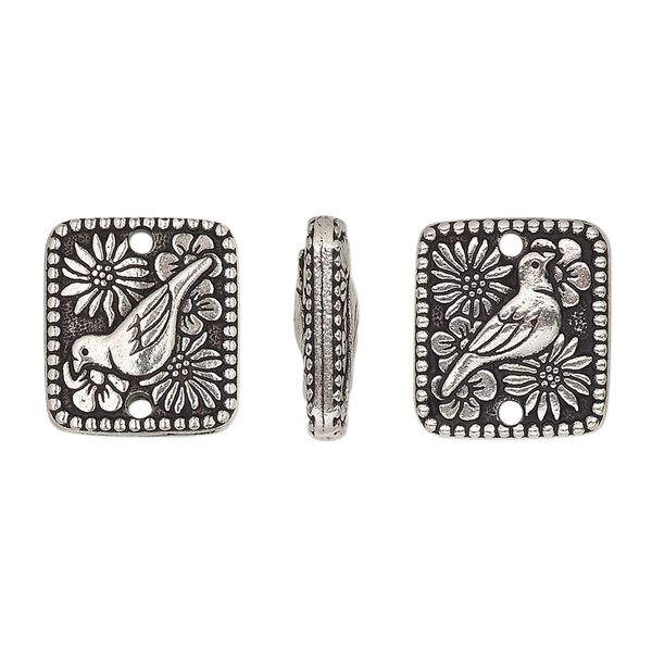 Link, TierraCast®, antique silver-plated pewter (tin-based alloy), 15x13mm double-sided flat rectangle with bird and flowers with beaded edge. Sold per pkg of 2. image number 0