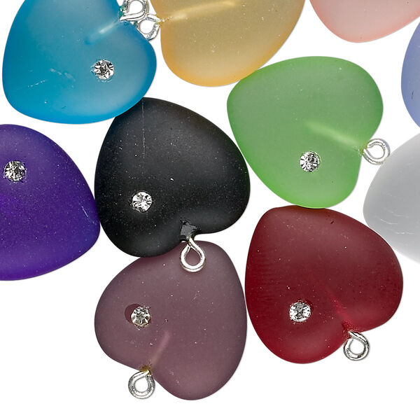 Drop mix, Czech glass / cubic zirconia / silver-plated brass, frosted mixed colors, 16mm heart. Sold per pkg of 20. image number 0