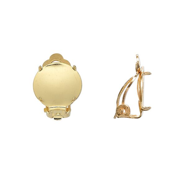 Earring clip-on 1pkg20 gold-plated, 13mm round flat pad / 12mm 4-prong round setting, steel / brass 10 pair image number 0
