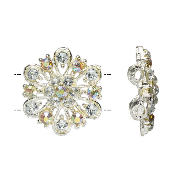 Spacer, glass rhinestone and silver plate pewter (tin-based alloy), clear and clear AB, 17mm 2-strand round flower. Sold per pkg of 2. image number 0