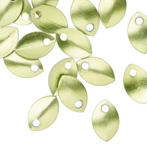 Component, anodized aluminum, green, 11x7mm 2-sided curved scale blank with 1.5mm hole, 20 gauge. Sold per pkg of 20. image number 0