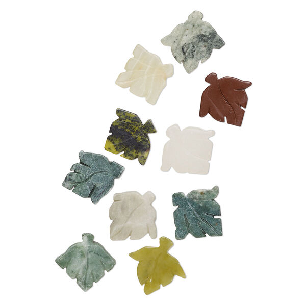 Focal mix, multi-gemstone (natural / dyed) and glass, 25x14mm-58x54mm carved leaf. Sold per pkg of 10. image number 0