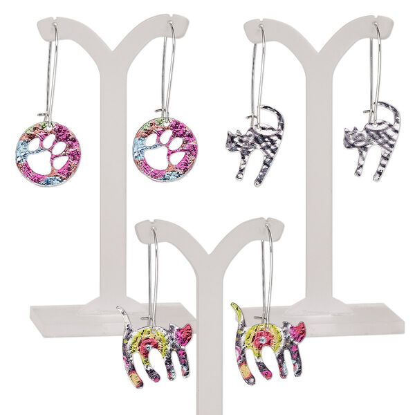 Earring mix, mylar / imitation rhodium-plated steel / "pewter" (zinc-based alloy), multicolored, 2-1/4 inches with (2) cats and (1) round with paw cutout and kidney ear wire. Sold per pkg of 3 pairs. image number 0