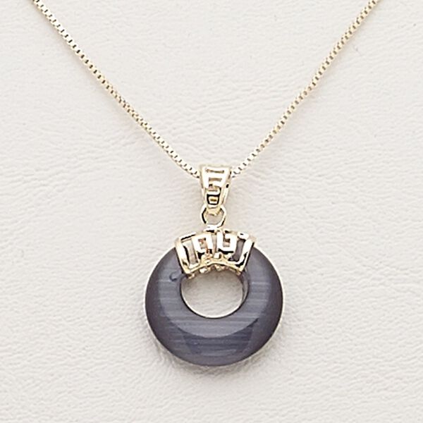 Necklace, cat's eye glass / gold-finished steel / brass / "pewter" (zinc-based alloy), black, 18mm round donut, 17 inches with 2-inch extender chain and lobster claw clasp. Sold individually. image number 0