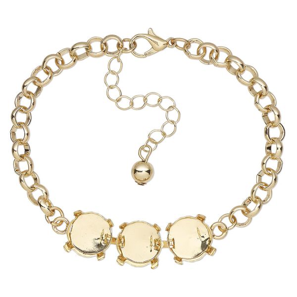 Bracelet, gold-finished brass, 12mm wide cupchain with (3) 12mm 4-prong rivoli settings and 6mm rolo, 7 inches with 2-inch extender chain and lobster claw clasp. Sold individually. image number 0
