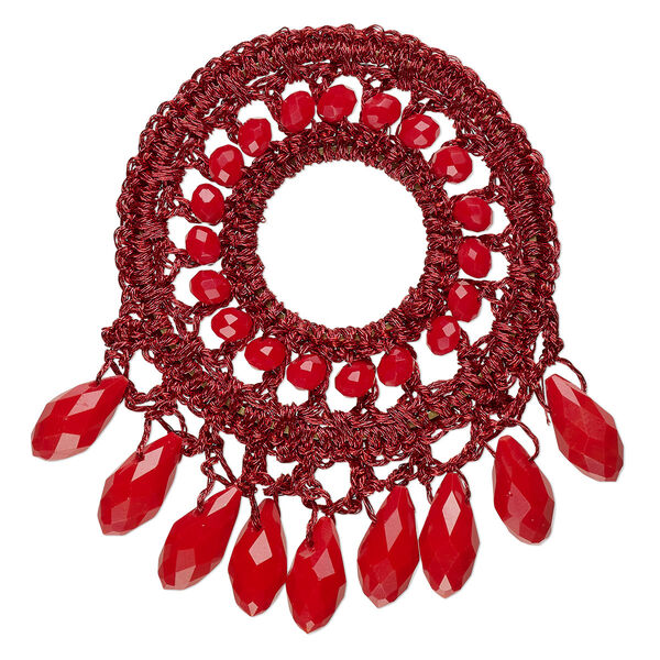 Focal, glass / nylon / steel, dark red, 58x56mm-64x62mm open round with fringe. Sold individually. image number 0