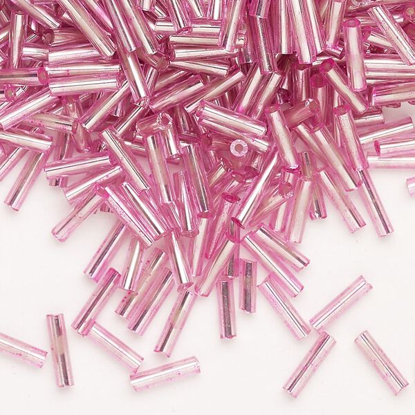 Bead, Ming Tree™, bugle bead, glass, pkg/1/4 pound, 1/4 inch, silver-lined dyed color translucent pink. image number 0