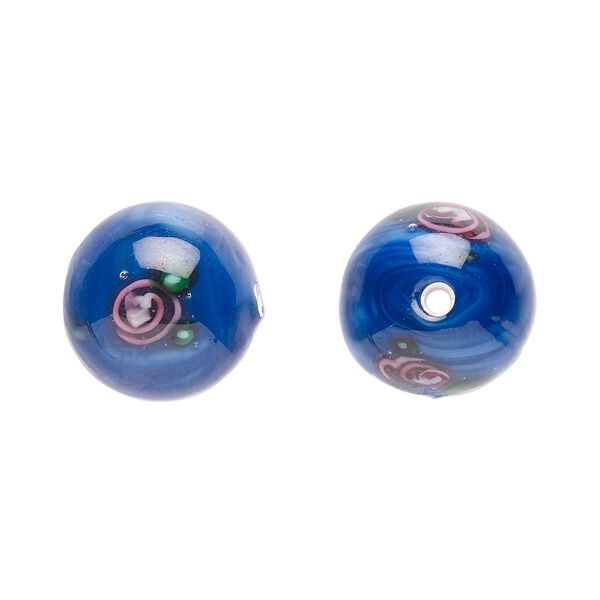 Bead, Czech lampworked glass, opaque blue / pink / green, 12-13mm round with flower design. Sold per pkg of 4. image number 0