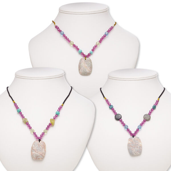 Multi-gemstone / acrylic / glass 1pkg3, barrel pendant necklace mix continuous loop 20 inch 36x26mm-38x28mm image number 0