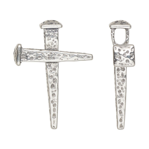 Focal, antiqued sterling silver, 33x32mm single-sided nail cross with 3.3mm hole. Sold individually. image number 0