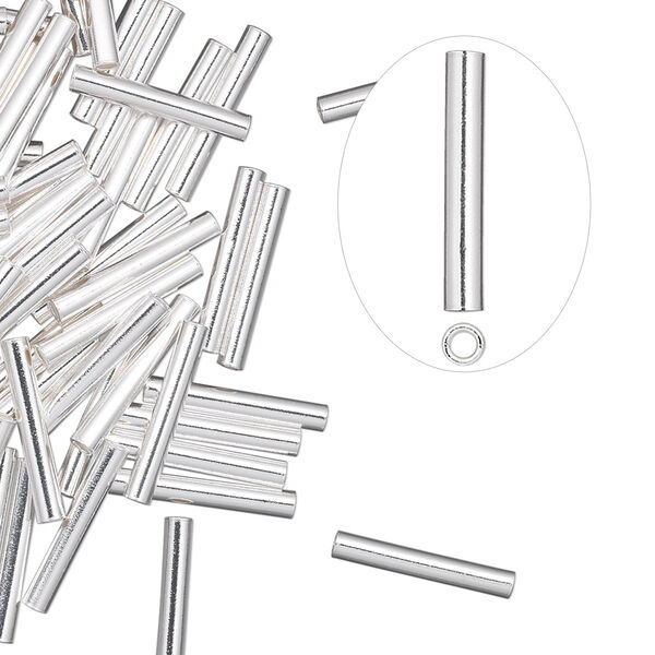 Crimp, sterling silver, 13x2mm cut tube, 1.4mm inside diameter. Sold per pkg of 100. image number 0