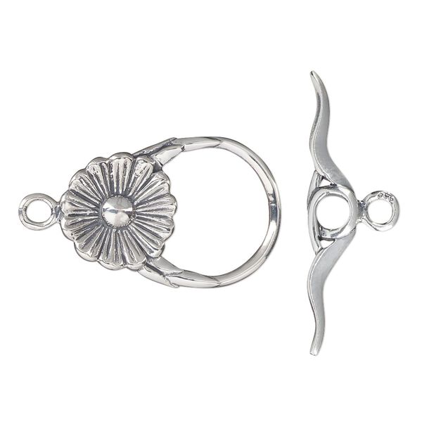 Clasp, toggle, antiqued sterling silver, 23x16mm flower. Sold individually. image number 0