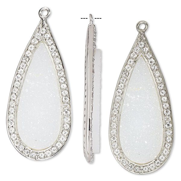 Focal, white druzy agate / white topaz (natural) / sterling silver, 35x16mm single-sided teardrop. Sold individually. image number 0