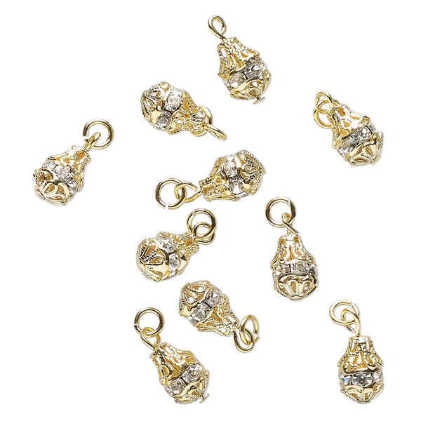 Drop, gold-finished brass and glass, clear, 11x7mm-11x8mm teardrop. Sold per pkg of 10. image number 0