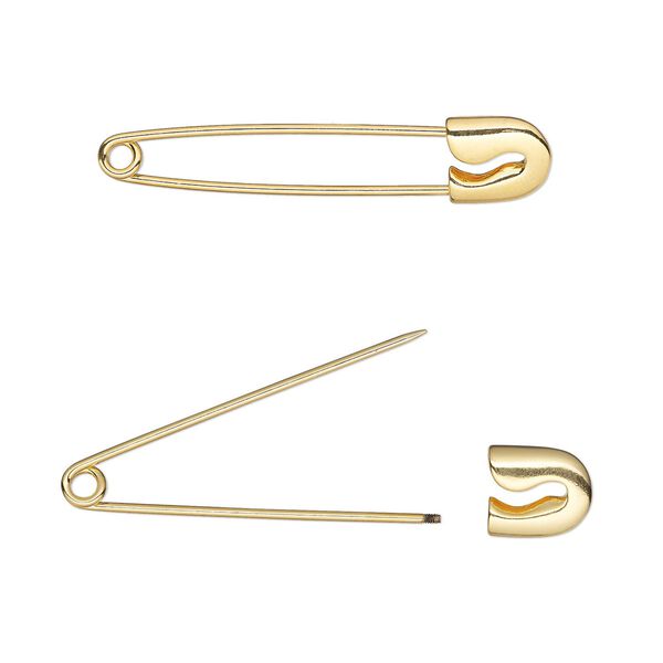 Safety pin, stainless steel and gold-plated brass, 2-3/8 inches. Sold per pkg of 2. image number 0