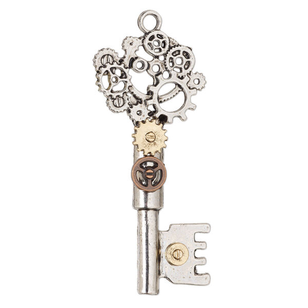 Focal, antique gold- / copper- / silver-finished "pewter" (zinc-based alloy), 2-1/2 x 1 inch single-sided gear key. Sold individually. image number 0