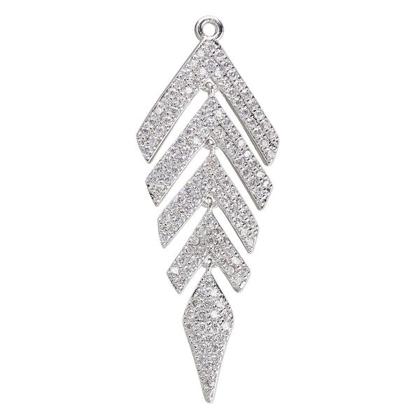 Focal, cubic zirconia and silver-plated brass, clear, 51.5x19.5mm single-sided feather. Sold individually. image number 0