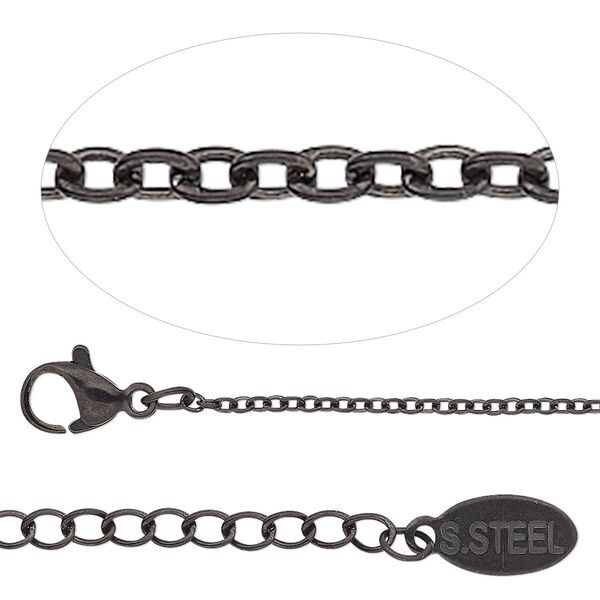 Chain, black-finished stainless steel, 1.5mm cable, 30 inches with 2-inch extender chain and lobster claw clasp. Sold individually. image number 0
