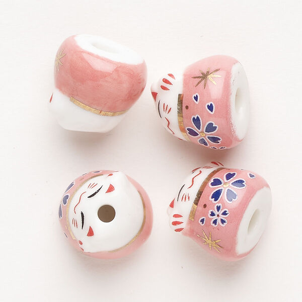 Bead porcelain 4pk 13.5x13mm 3D lucky cat, pink multicolored image number 0