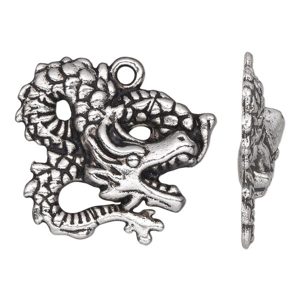 Charm, antique silver-plated "pewter" (zinc-based alloy), 29x26mm single-sided dragon. Sold per pkg of 10. image number 0