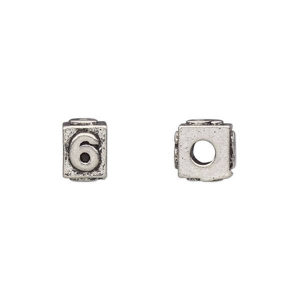 Bead, antiqued pewter (tin-based alloy), 8x6mm rectangle with number "6." Sold per pkg of 4. image number 0