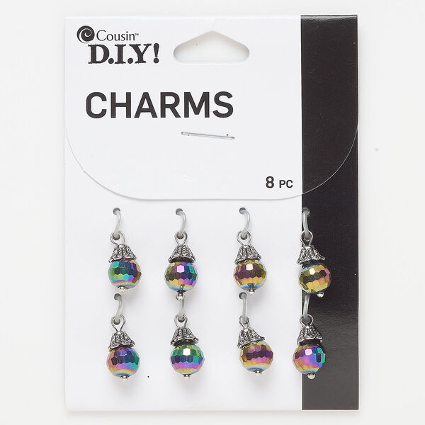 Drop, silver-finished "pewter" (zinc-based alloy) and glass, peacock, 12x8mm round. Sold per pkg of 8. image number 0