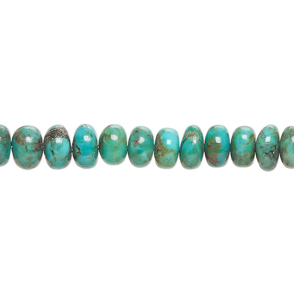 Bead, turquoise (dyed / stabilized), blue-green, 6x4mm-7x5mm hand-cut rondelle with heavy matrix, C+ grade, Mohs hardness 5 to 6. Sold per 8-inch strand, approximately 50 beads. image number 0
