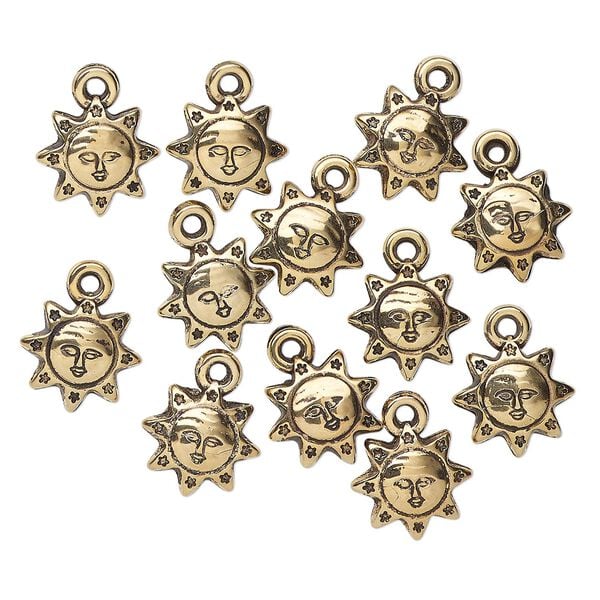 Drop, acrylic, antique gold, 14x13mm double-sided sun with face. Sold per pkg of 12. image number 0
