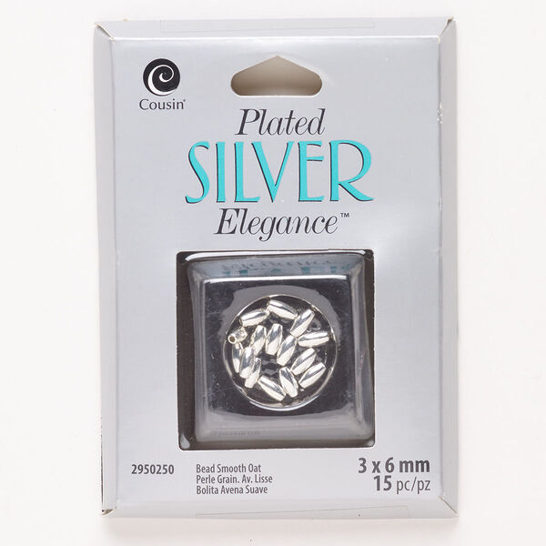 Bead, brass, pkg/15, silver plate, 6x3mm oval tube. image number 0