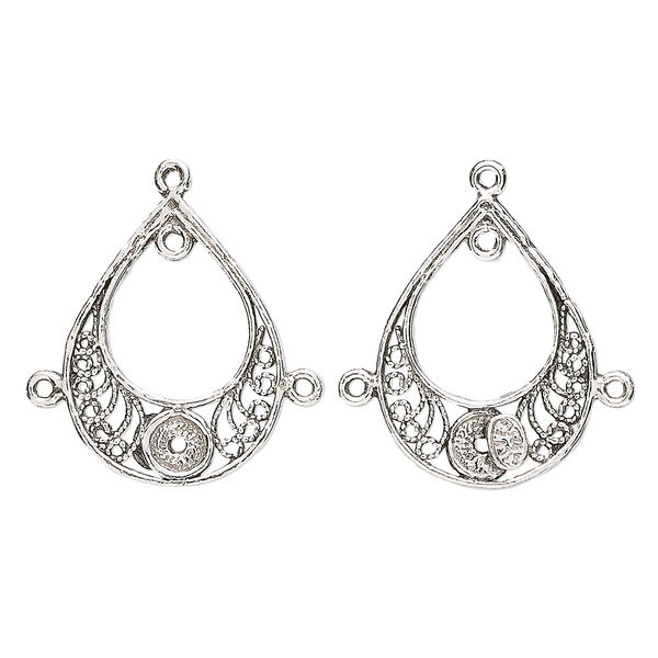 Drop, sterling silver, 25x18mm filigree teardrop, 3 loops. Sold individually. image number 0