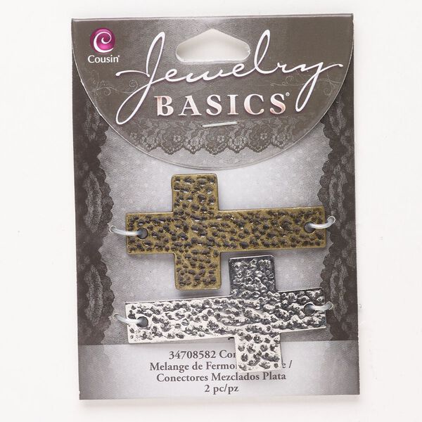 Focal assortment, "pewter" (zinc-based alloy), pkg/2, antique silver finish and antique gold finish, 50x29mm textured curved cross. image number 0
