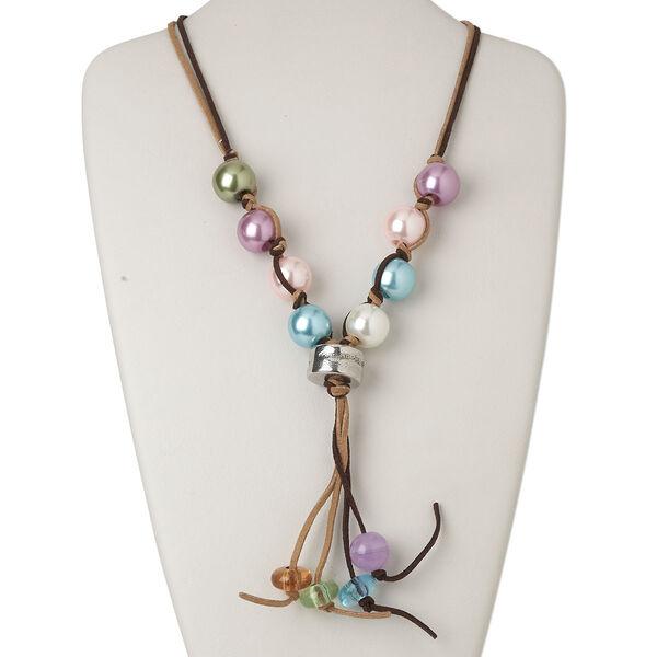 Necklace, acrylic / waxed cotton cord / plastic / silver-coated plastic, multicolored, 6-inch dangle with round, 50 inches with knot closure. Sold individually. image number 0