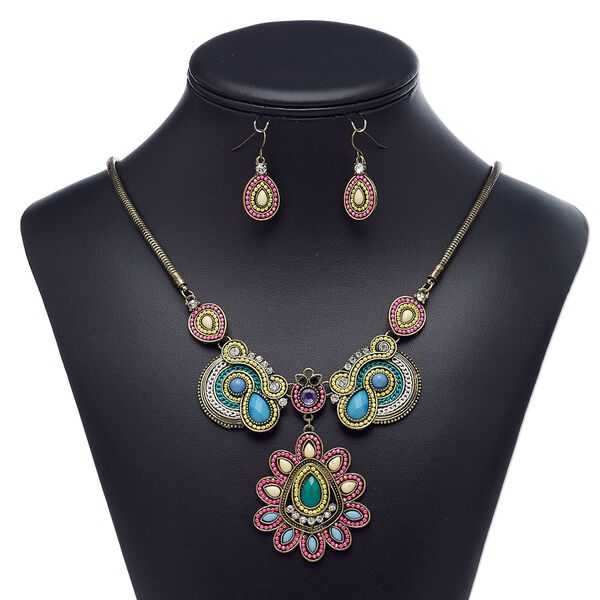 Necklace and earring set, acrylic rhinestone / acrylic / glass rhinestone / enamel / antique gold-finished brass / steel / "pewter" (zinc-based alloy), multicolored, 2-1/2 inch dangle with teardrop, 22-inch necklace with 3-inch extender chain and lobster claw clasp, 32mm earrings with fishhook ear wire. Sold per set. image number 0