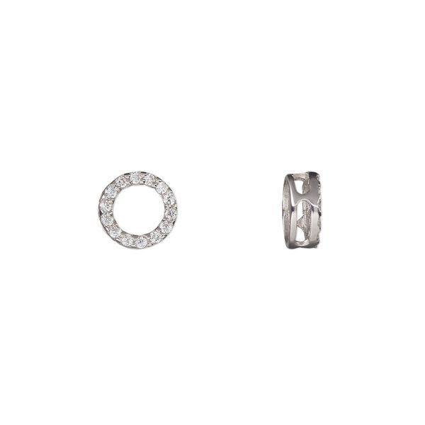 Slide, cubic zirconia and rhodium-plated sterling silver, clear, 8mm single-sided open round with 4x1mm hole. Sold individually. image number 0
