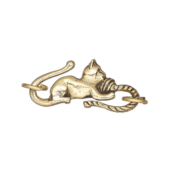 Clasp, S-hook, pewter (tin-based alloy), pkg/1, antique gold plate, 29x13mm with cat design and (2) 7.5mm jump rings. image number 0