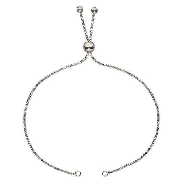 Bracelet component, silicone and stainless steel, clear, 1.4mm box chain, 10 inches with 7mm round adjustable slider bead and (2) 4mm balls with 2 open loops. Sold individually. image number 0