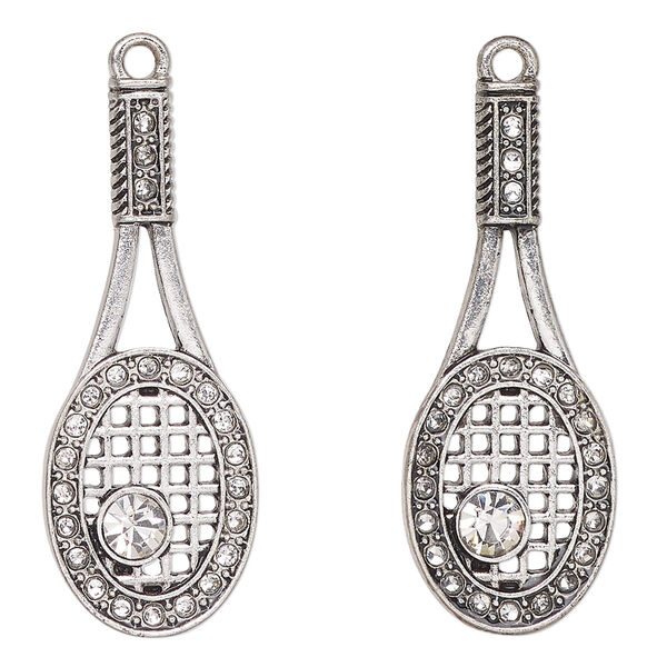 Focal, antique silver-finished "pewter" (zinc-based alloy) and glass, clear, 37x14mm tennis racket. Sold per pkg of 2. image number 0