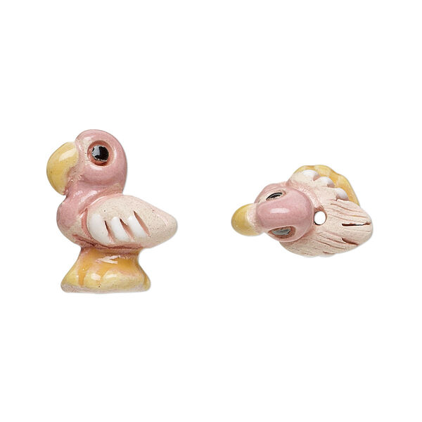 Bead, glazed ceramic, multicolored, 15x13mm hand-painted flamingo. Sold per pkg of 2. image number 0