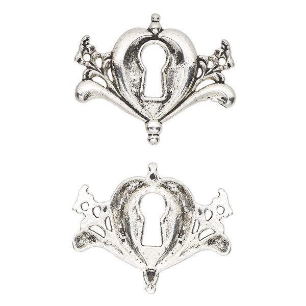 Focal, antique silver-finished "pewter" (zinc-based alloy), 37.5x30.5mm single-sided key hole with 2 loops. Sold per pkg of 4. image number 0