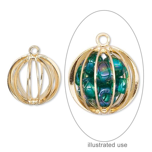 Drop, gold-plated steel and brass, 15mm round bead cage. Sold per pkg of 4. image number 0