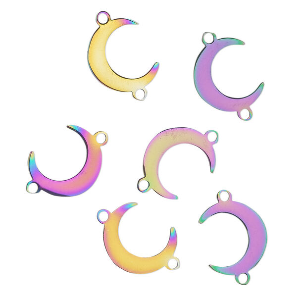 Link, electro-coated stainless steel, rainbow, 14x12mm double-sided moon. Sold per pkg of 6. image number 0