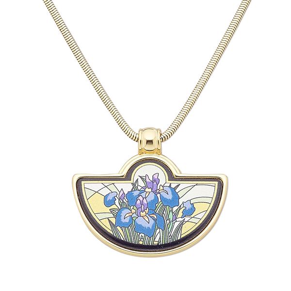 Necklace, enamel and gold-plated brass, multicolored, 47x41mm shield with iris design, 16 inches with 2-inch extender chain and lobster claw clasp. Sold individually. image number 0
