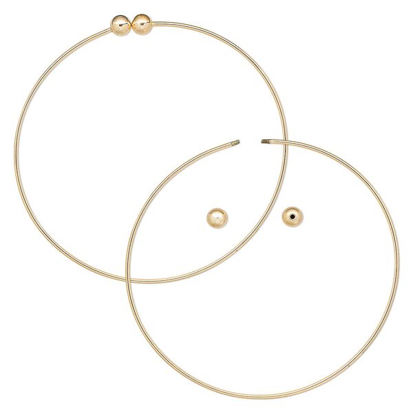 Bracelet, bangle, gold-plated brass, 1.5mm wide round with (2) 6mm twist-off bead ends, 9 inches. Sold individually. image number 0