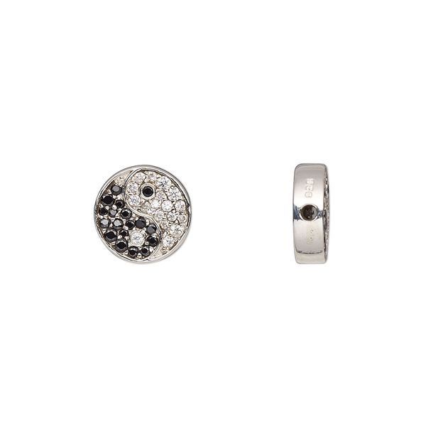 Bead, sterling silver and cubic zirconia, black and clear, 10mm flat round with yin-yang design. Sold individually. image number 0