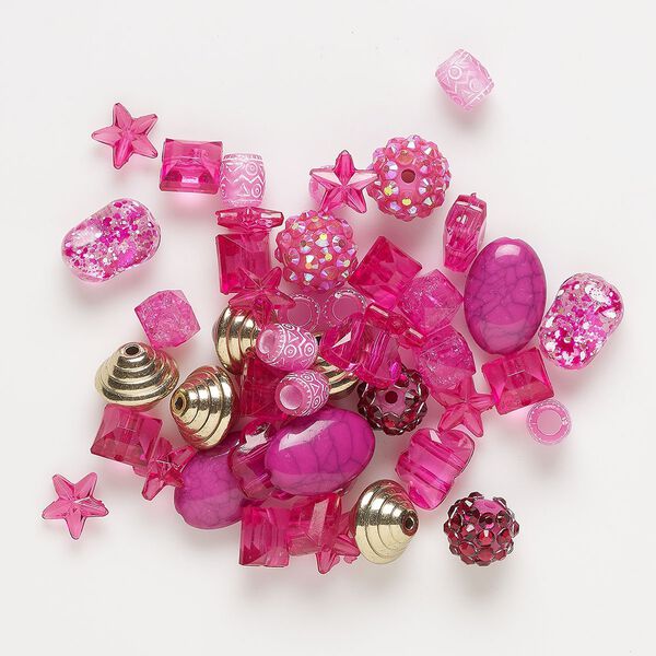 Bead mix, acrylic, light to dark pink and gold, 5-15x12mm mixed shapes. Sold per pkg of 48. image number 0