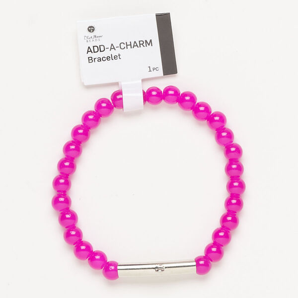 Bracelet, stretch, silver-finished brass and glass, fuchsia, 6mm round and 25x5m round tube with bottom loop, 6-1/2 inches. Sold individually. image number 0