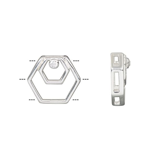 Slide, sterling silver and cubic zirconia, clear, 15x13mm single-sided open hexagon, 5x1mm hole. Sold individually. image number 0